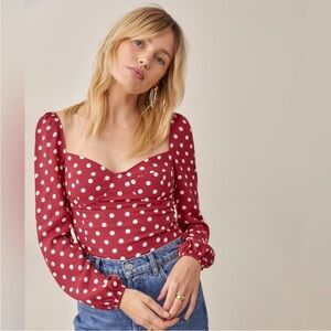 Reformation Reign Red Polka Dot Long Sleeve Top
